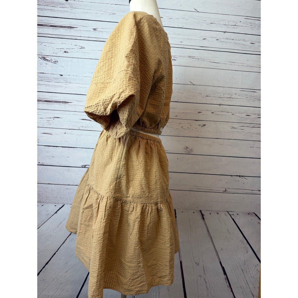 Madewell Seersucker Mini Dress Medium NWT Tan Puff Sleeve Cut Out NF870 - Picture 10 of 16